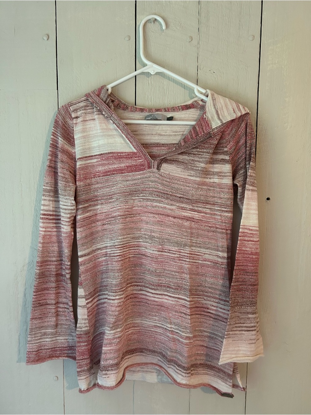 Prana Striped V-Neck Hooded Pullover in Dusty Rose and Cream